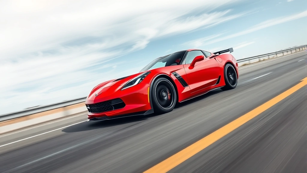 Red Chevrolet Corvette Z06 accelerating on empty highway, dynamic motion blur, aggressive stance, mid-engine supercar profile view