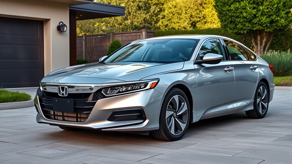 2024 Honda Accord silver sedan parked in modern driveway, three-quarter front view, professional automotive photography, daylight, clean and detailed