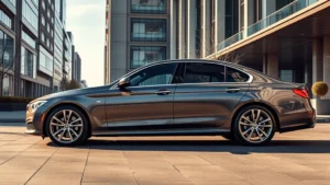 Sleek luxury sedan parked in modern urban setting with contemporary architecture, premium wheels visible, metallic paint finish catching afternoon sunlight