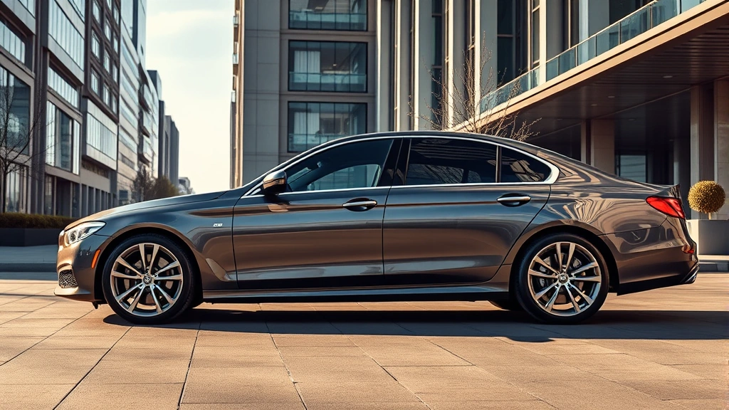 Sleek luxury sedan parked in modern urban setting with contemporary architecture, premium wheels visible, metallic paint finish catching afternoon sunlight