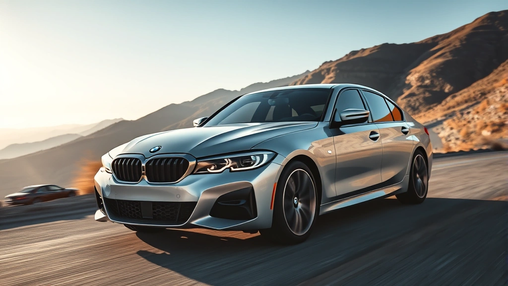 Sleek silver BMW M340i sedan photographed from three-quarter front angle on open mountain road, dynamic lighting, professional automotive photography style