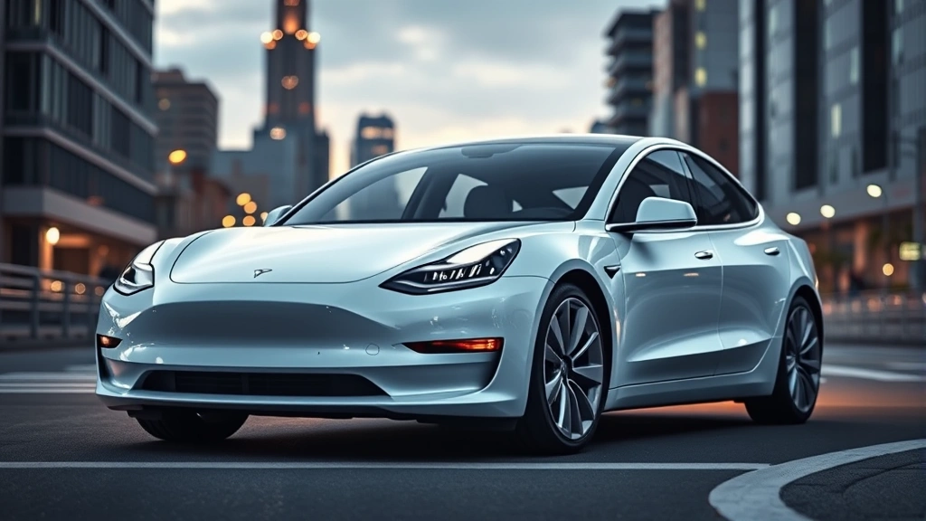 Tesla Model 3 Performance sedan in pearl white multi-coat, three-quarter front view on modern urban street with city skyline background, dramatic lighting highlighting sleek design