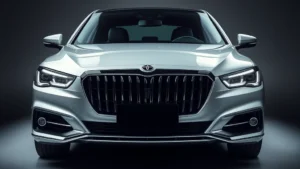 Premium luxury sedan with sophisticated front grille, chrome accents, elegant body lines, and polished exterior finish in professional lighting
