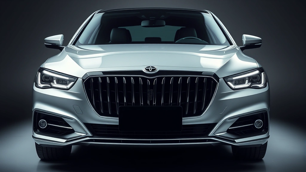 Premium luxury sedan with sophisticated front grille, chrome accents, elegant body lines, and polished exterior finish in professional lighting