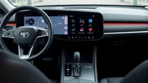 Modern vehicle interior dashboard with large touchscreen display showing navigation and driver assistance system interface, sleek minimalist design, contemporary automotive cockpit