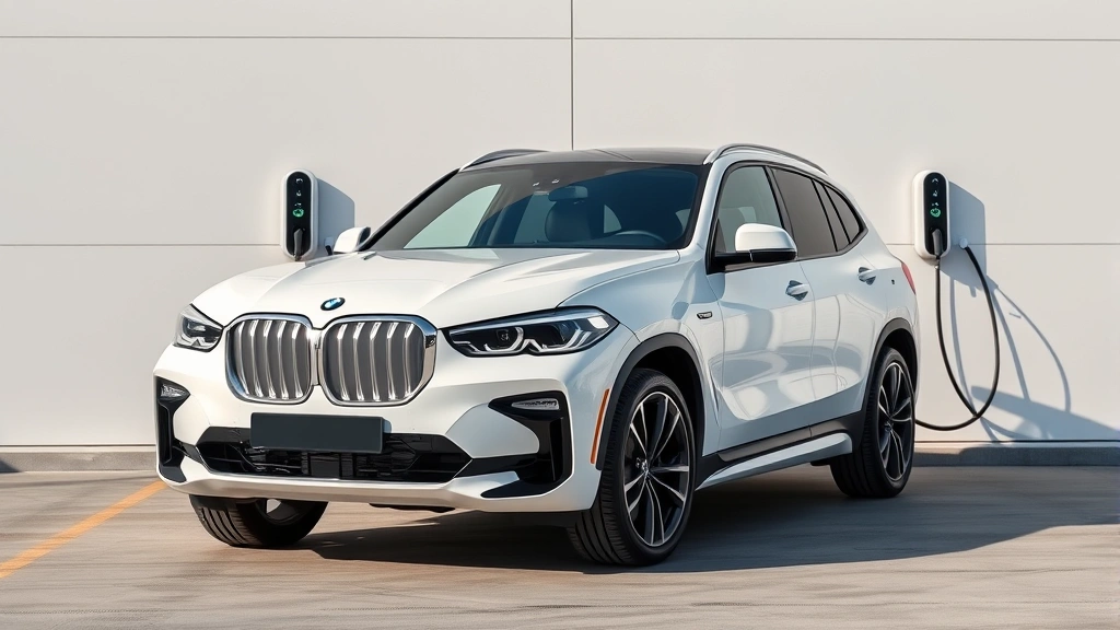 2024 BMW iX M60 luxury electric SUV in pearl white, three-quarter front view, modern minimalist charging station backdrop, professional automotive photography