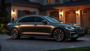 2024 luxury sedan parked in upscale driveway, premium materials visible, professional lighting, metallic paint finish reflecting surroundings, elegant proportions emphasized