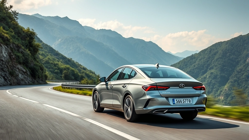 Modern silver hybrid sedan accelerating smoothly on a curved mountain road with lush green landscape, showing sleek aerodynamic design and professional photography lighting