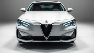 Luxury sedan front three-quarter view, premium white paint, LED headlights illuminated, modern grille design, professional automotive photography studio lighting