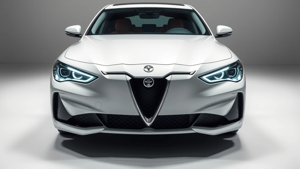 Luxury sedan front three-quarter view, premium white paint, LED headlights illuminated, modern grille design, professional automotive photography studio lighting