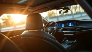 Premium luxury sedan interior with leather appointments, ambient lighting, and advanced dashboard technology in soft focus, photographed from driver's perspective