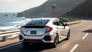 2024 Honda Civic Hatchback rear three-quarter view on coastal highway, modern silver finish, natural daylight, dynamic driving perspective