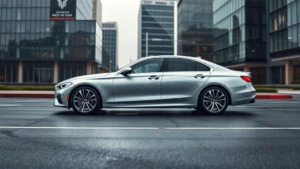 Sleek silver luxury sedan photographed from three-quarter angle on wet asphalt with modern office buildings in soft-focus background, professional automotive lighting highlighting contoured bodywork