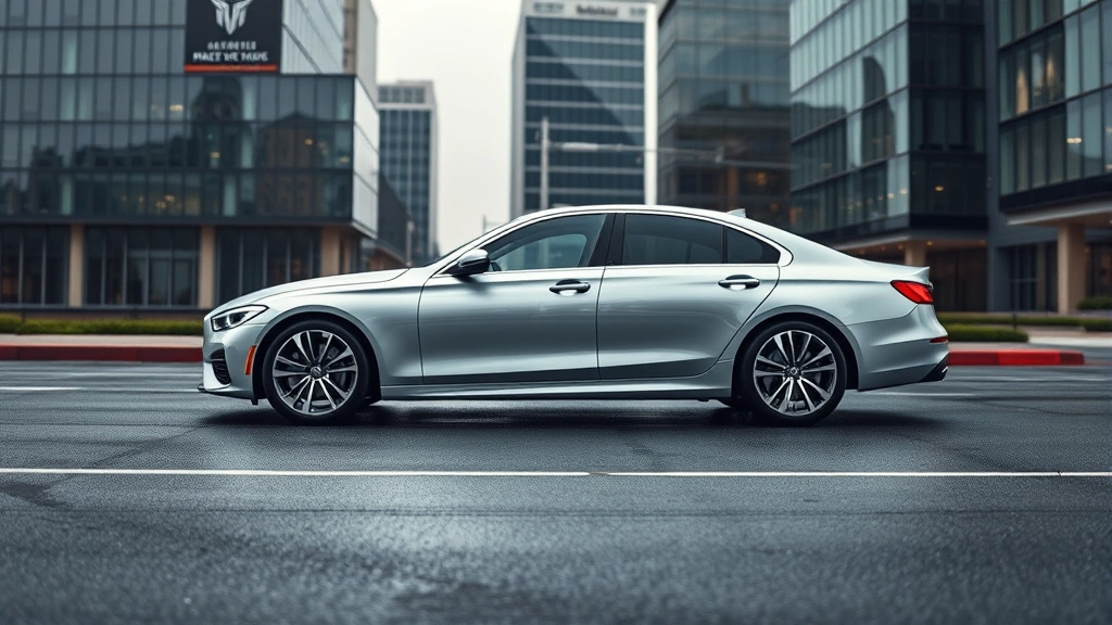 Sleek silver luxury sedan photographed from three-quarter angle on wet asphalt with modern office buildings in soft-focus background, professional automotive lighting highlighting contoured bodywork