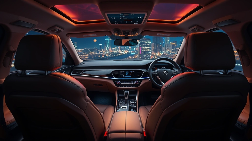 Luxury sedan interior with illuminated ambient lighting, premium leather seats, and advanced digital dashboard display