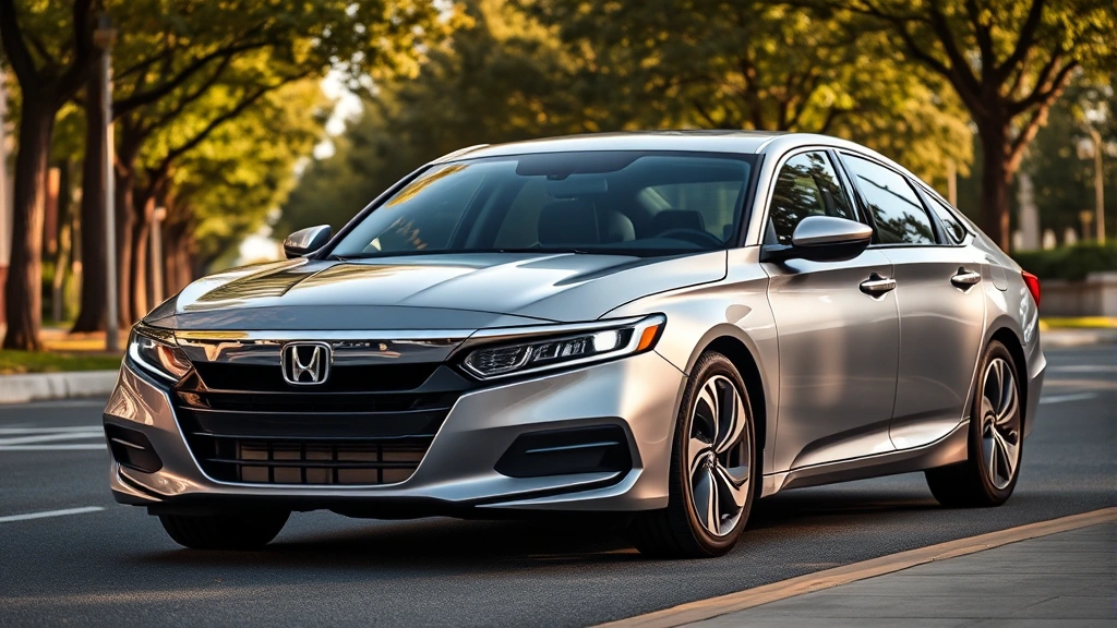 2024 Honda Accord silver sedan parked on modern street with trees, three-quarter front view showing sleek profile and LED headlights, professional automotive photography lighting