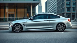 Sleek silver BMW M440i xDrive sedan parked on modern urban street with contemporary architecture background, dynamic three-quarter angle, professional automotive photography