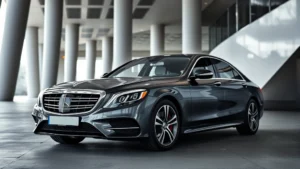 Sleek Mercedes-Benz S-Class sedan parked in modern architectural setting, luxury craftsmanship visible, professional studio lighting