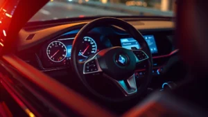 Luxury sedan dashboard with digital instruments and steering wheel, premium leather interior, ambient lighting creating sophisticated atmosphere, professional automotive photography