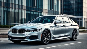 Premium silver BMW 3 Series sedan parked on modern urban street with glass buildings in background, dynamic sport design, professional automotive photography