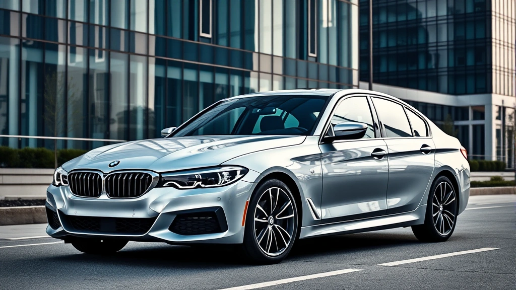 Premium silver BMW 3 Series sedan parked on modern urban street with glass buildings in background, dynamic sport design, professional automotive photography