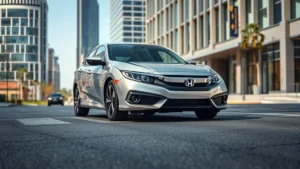 2024 Honda Civic Hybrid sedan in silver, photographed from three-quarter front angle on modern city street with contemporary architecture background, daylight