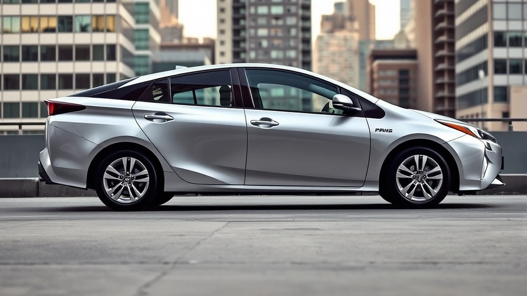 Modern silver Toyota Prius Prime hybrid sedan parked in urban environment with city buildings background, showing sleek aerodynamic design and hybrid badging, professional automotive photography style