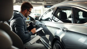 Professional automotive journalist reviewing a silver sedan in modern showroom environment, taking detailed notes on interior features and ergonomics, natural lighting highlighting vehicle design
