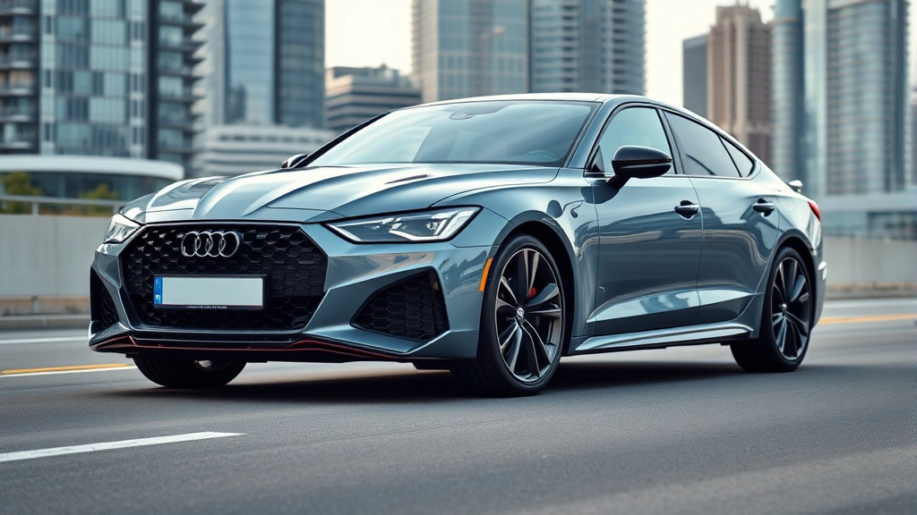 High-performance luxury sedan with aggressive front grille and aerodynamic body lines, photographed from three-quarter angle on empty road with modern cityscape background