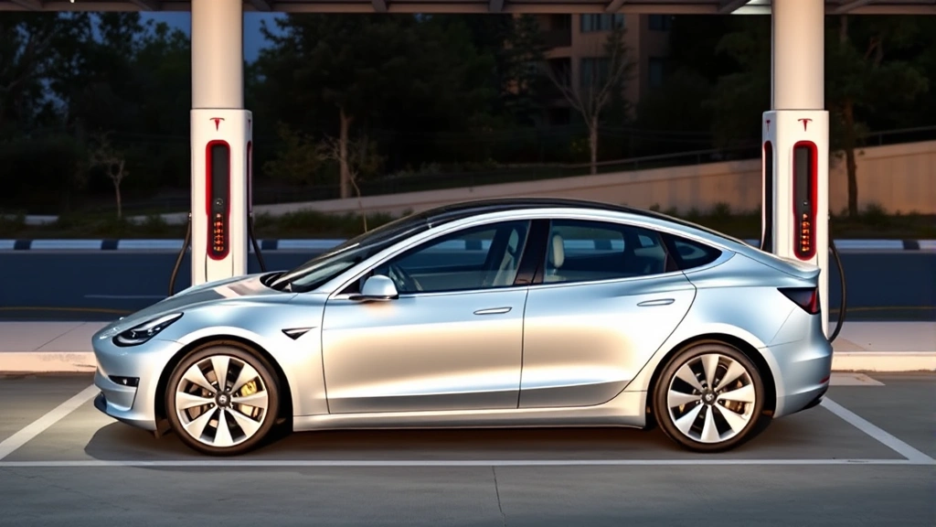 Modern silver Tesla Model 3 sedan parked in contemporary charging station lot with Supercharger infrastructure visible, sleek design emphasizing electric performance
