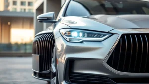 Sleek luxury sedan with sophisticated chrome grille and LED headlights, photographed from three-quarter angle against modern urban architecture background, premium materials visible