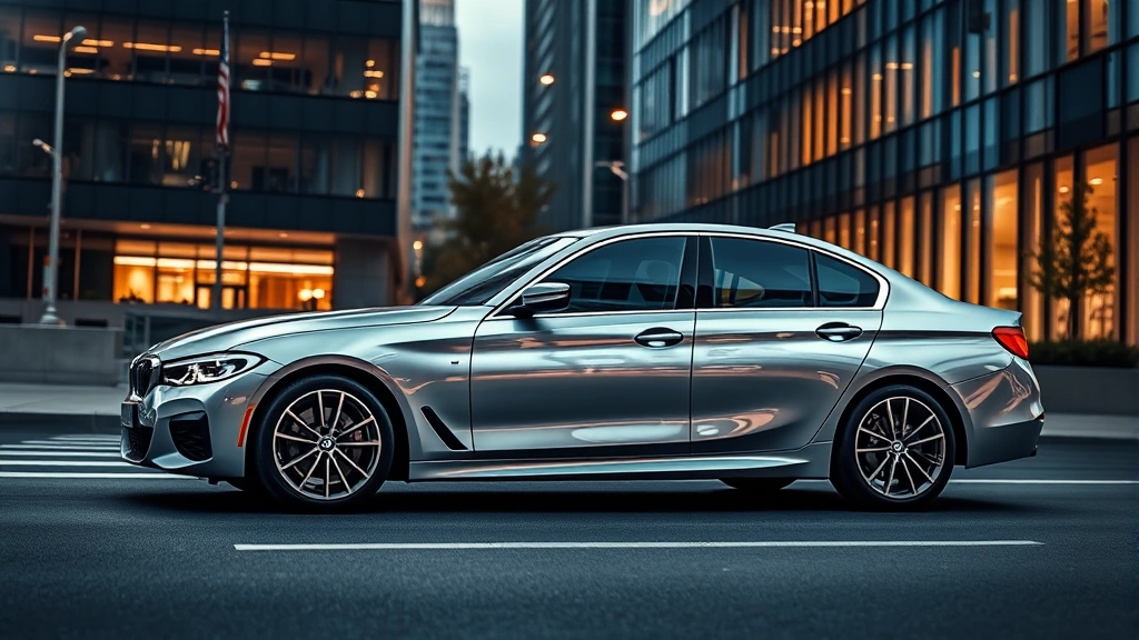 Sleek silver BMW 3 Series sedan parked on modern city street with contemporary architecture background, dynamic lighting highlighting sporty profile and premium design details