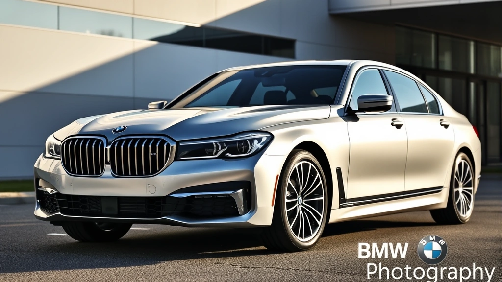 Sleek silver 2024 BMW 7 Series sedan photographed from three-quarter front angle in sunlight, displaying refined curves and modern styling, professional automotive photography