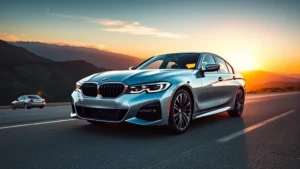 Sleek silver BMW 340i sedan photographed at sunset on a mountain road, dynamic angle showing aggressive front grille and turbocharged performance stance, professional automotive photography