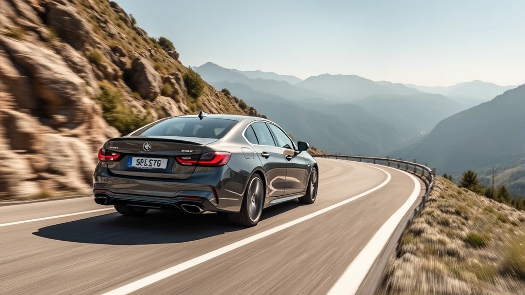 Luxury sedan driving on winding mountain road with precision handling, professional automotive photography, daytime lighting, premium vehicle in motion