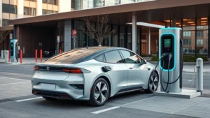 Modern electric vehicle charging at public DC fast-charging station with sleek design, showing vehicle connected to charging equipment, urban setting with contemporary architecture, daytime, professional photography