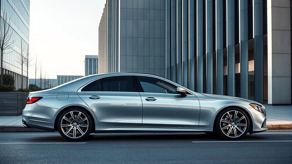 Luxury sedan with sleek silver finish parked near modern architecture, showing elegant body lines and premium exterior details in daylight