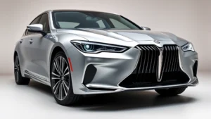 Luxury sedan front three-quarter view, polished metallic silver paint, modern LED headlights, professional automotive photography studio setting with neutral background