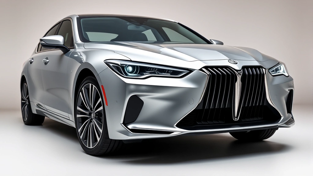 Luxury sedan front three-quarter view, polished metallic silver paint, modern LED headlights, professional automotive photography studio setting with neutral background