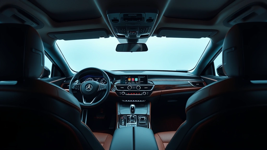 Luxury sedan interior dashboard with leather seats and ambient lighting, premium materials visible, modern infotainment screen displaying navigation, professional automotive photography, high-end luxury car cabin