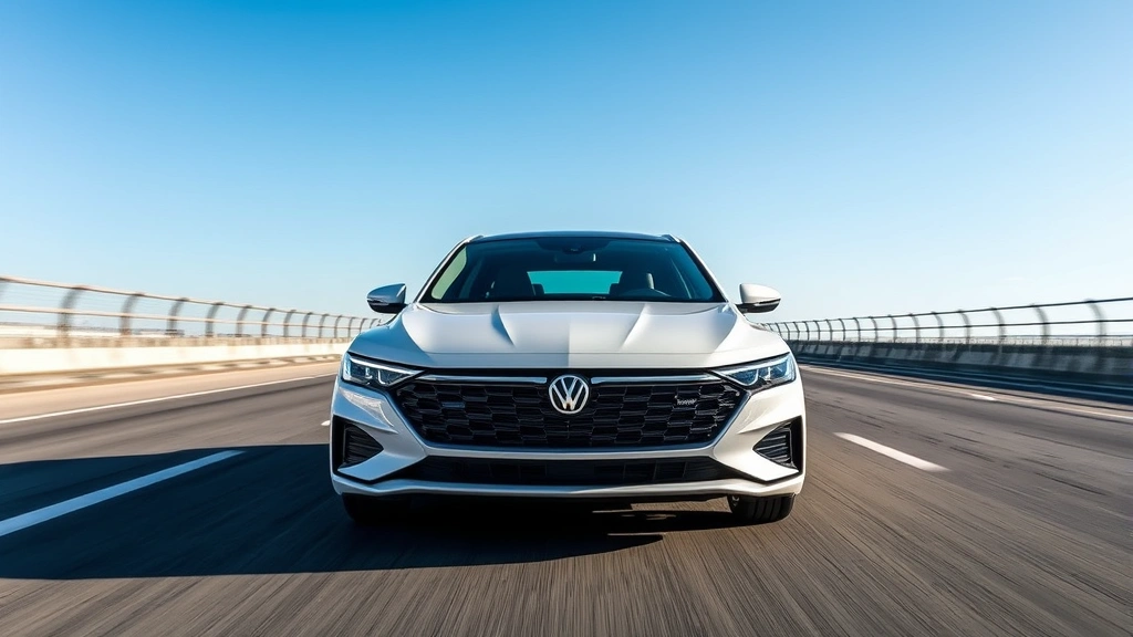 Premium 2024 sedan front three-quarter view on modern highway, sleek design, professional automotive photography, clear blue sky background, showcasing contemporary styling and aerodynamics