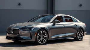 2024 luxury sedan with dramatic styling, sleek proportions, premium leather interior visible through windows, professional automotive photography, daylight setting, metallic paint finish