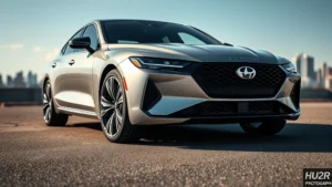 Sleek 2024 luxury sedan with aggressive grille and sculpted body lines, photographed from three-quarter front angle on smooth asphalt with blurred urban skyline background, professional automotive photography, daytime lighting