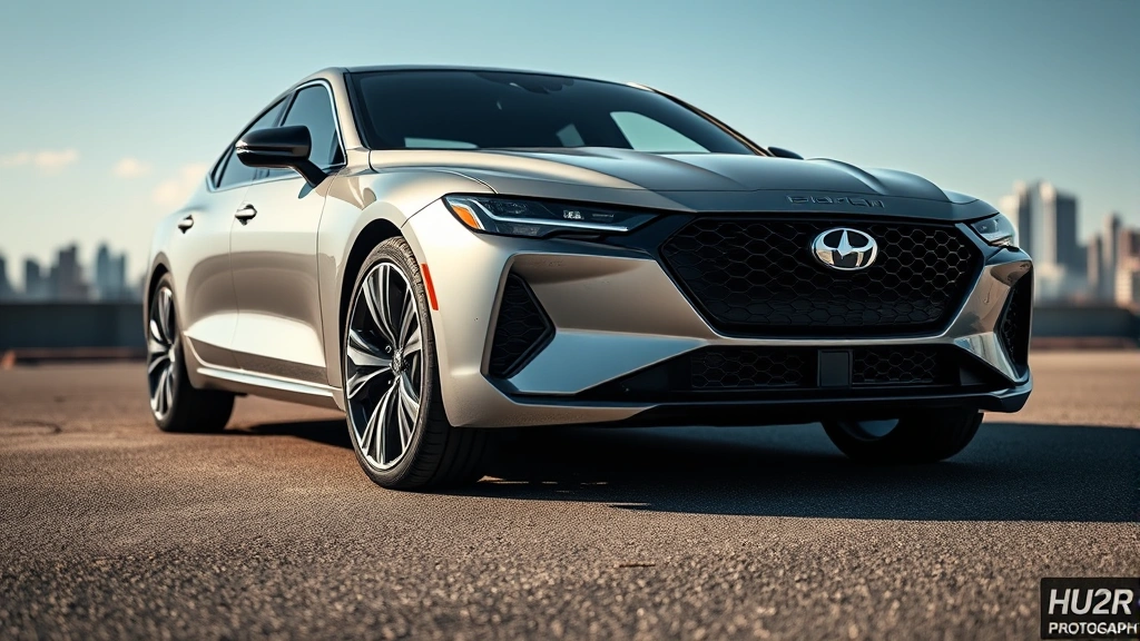 Sleek 2024 luxury sedan with aggressive grille and sculpted body lines, photographed from three-quarter front angle on smooth asphalt with blurred urban skyline background, professional automotive photography, daytime lighting