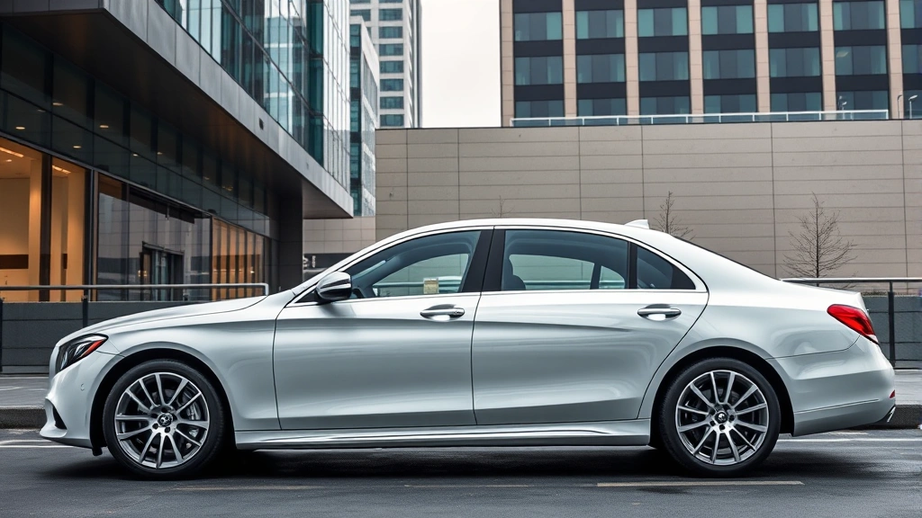 Luxury sedan parked in modern urban setting with contemporary architecture, premium leather interior visible through windows, overcast daylight, professional automotive photography