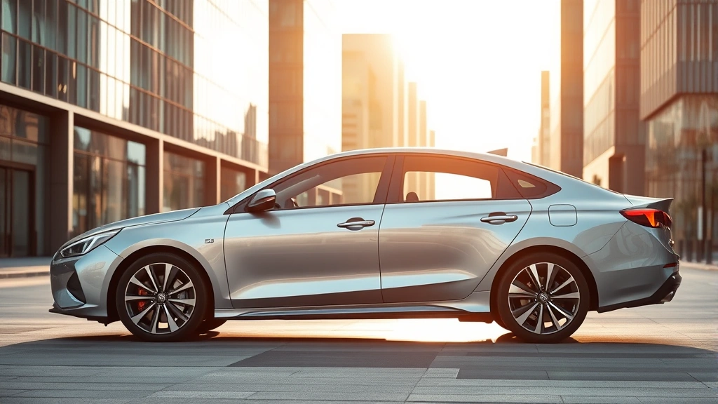 Modern hybrid sedan parked in contemporary urban setting with glass buildings, sleek silver finish reflecting sunlight, showing side profile emphasizing aerodynamic design and modern wheel design