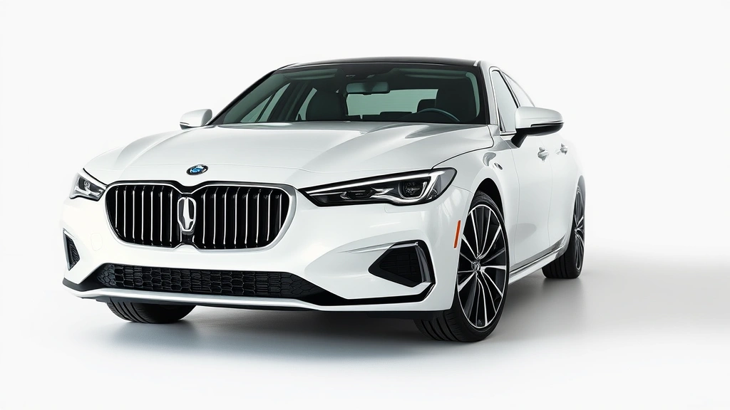 Luxury sedan front three-quarter view, modern design, premium details, professional automotive photography, daytime lighting, clean background