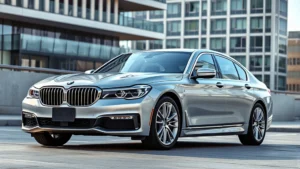 Sleek silver BMW 7 Series parked in modern urban setting with contemporary architecture background, premium exterior design visible, daytime lighting