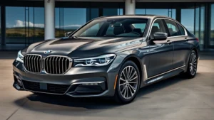 2024 BMW 7 Series luxury sedan photographed from three-quarter front angle, sleek design, elegant chrome accents, modern headlight technology, premium exterior finish