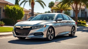 2024 Honda Accord sedan parked on sunny residential street, silver exterior, modern design, professional photography, daylight, clear skies, well-maintained landscaping background